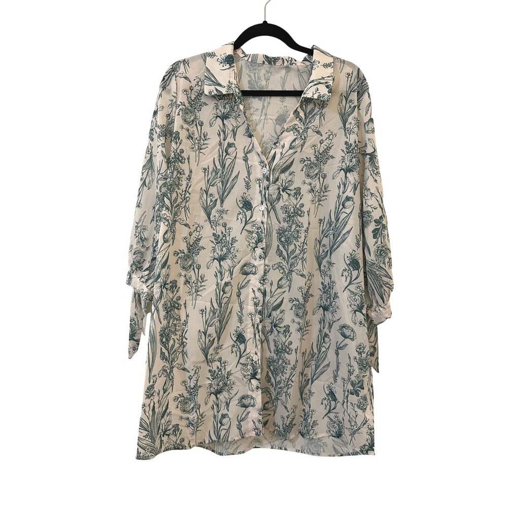 CUPSHE Womens Large Floral Button Down Shirt Tie Sleeve Green White Botanical